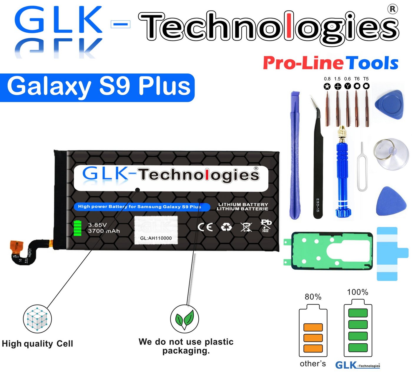 GLK-Technologies High Power Ersatzakku kompatibe mit Samsung Galaxy S9 + Plus SM-G965F EB-BG965ABA Smartphone-Akku 3700 mAh von GLK-Technologies