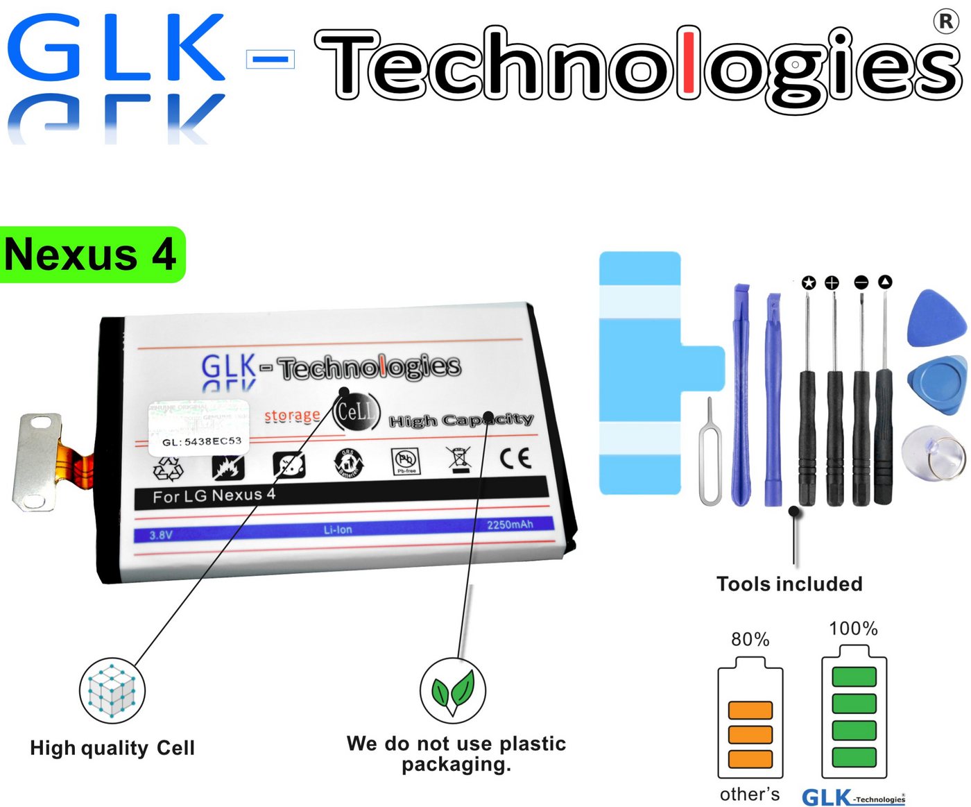 GLK-Technologies High Power Ersatzakku kompatibel mit Google Nexus 4 E975 E970 E960 BL-T5 LG Optimus G, Original GLK-Technologies Battery, accu, 2250mAh Akku, inkl. Werkzeug Set Kit Smartphone-Akku 2250 mAh von GLK-Technologies