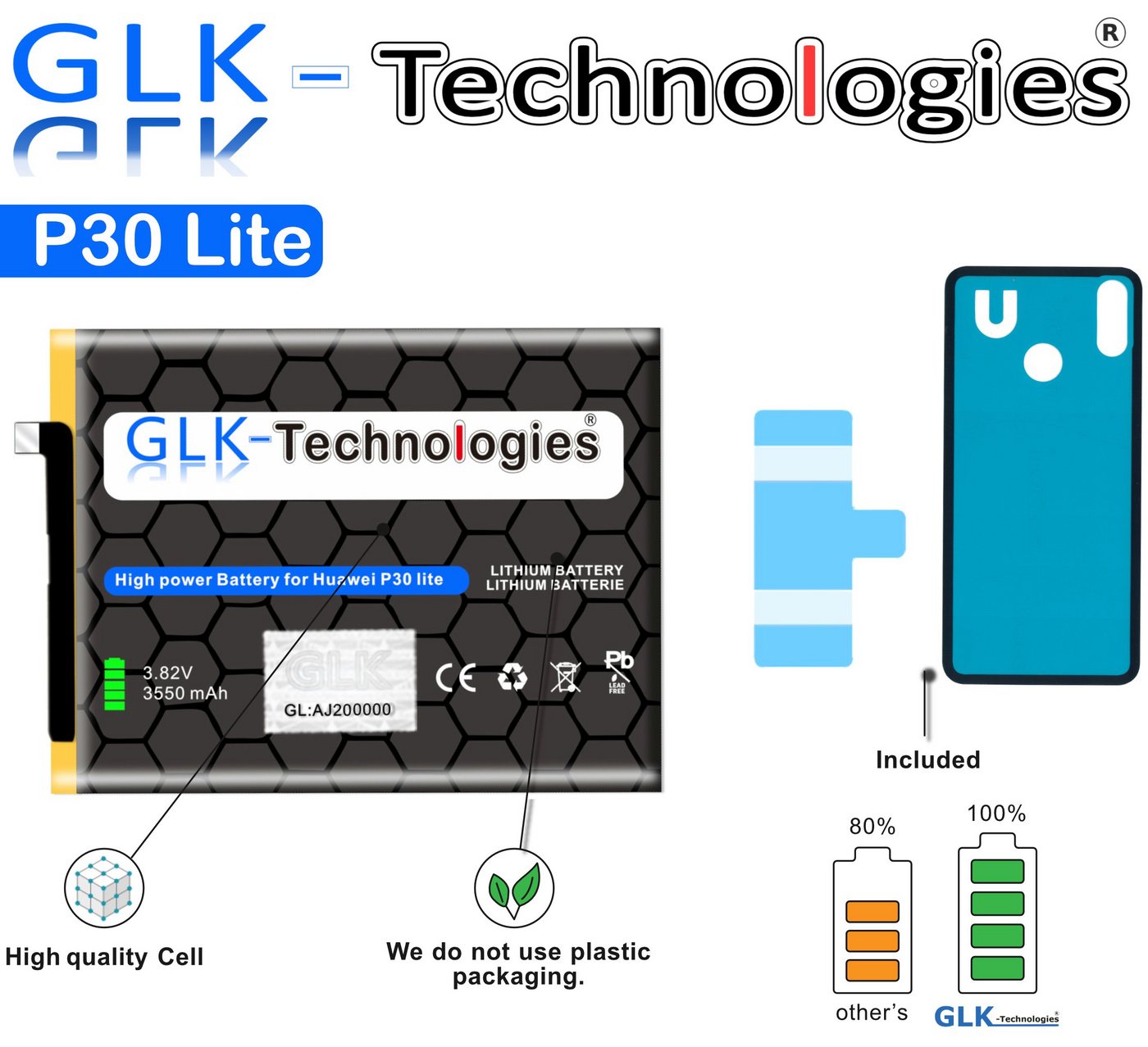 GLK-Technologies High Power Ersatzakku kompatibel mit Huawei P30 lite, GLK-Technologies Battery, accu, 3550mAh Akku, inkl. 2X Klebebandsätze NUE Handy-Akku 3550 mAh (3.8 V) von GLK-Technologies