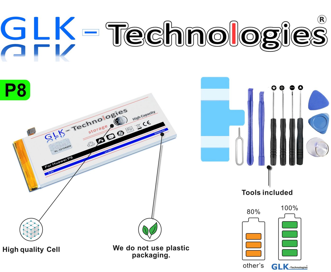 GLK-Technologies High Power Ersatzakku kompatibel mit Huawei P8 HB3447A9EBW, Original GLK-Technologies Battery, accu, 2600 mAh Akku, inkl. Werkzeug Set Kit Smartphone-Akku 2600 mAh (3.8 V) von GLK-Technologies