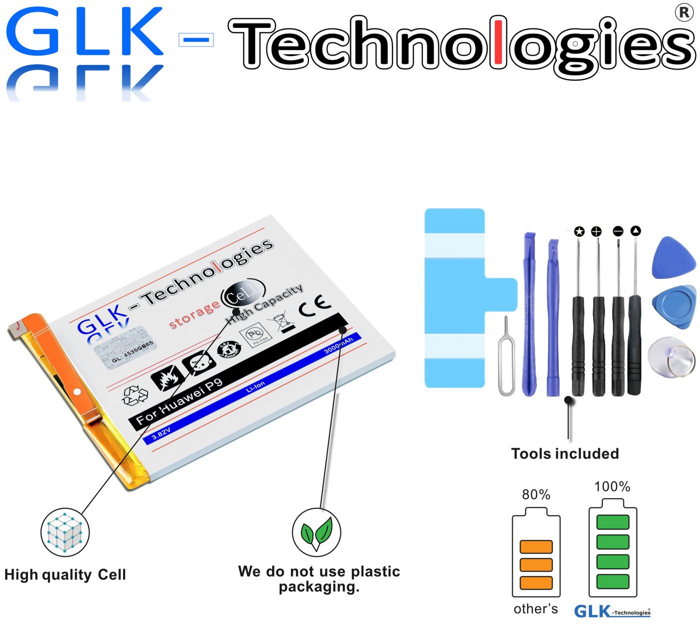 GLK-Technologies High Power Ersatzakku kompatibel mit Huawei P9 HB366481ECW, Original GLK-Technologies Battery, accu, 3000 mAh Akku, inkl. Werkzeug Set Kit Smartphone-Akku 3000 mAh von GLK-Technologies