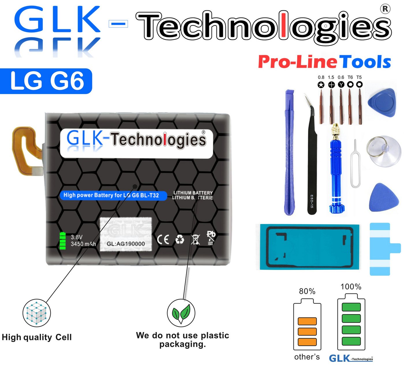 GLK-Technologies High Power Ersatzakku kompatibel mit LG G6 G6+ H870 H871 H872 LS993 VS998, GLK-Technologies Battery, accu, 3450 mAh Akku, inkl. Profi Werkzeug Set Kit Smartphone-Akku 3450 mAh (3.8 V) von GLK-Technologies