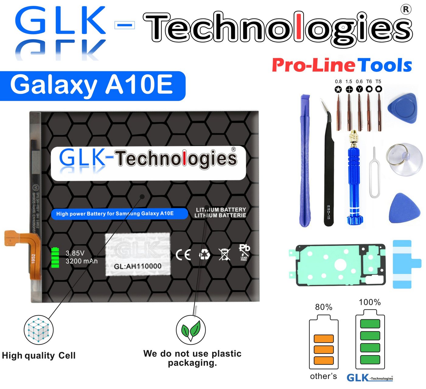 GLK-Technologies High Power Ersatzakku kompatibel mit Samsung Galaxy A10e SM-A102U, GLK-Technologies Battery, accu, 3200 mAh Akku, inkl. Profi Werkzeug Set Kit NUE Handy-Akku 3200 mAh (3,8 V) von GLK-Technologies