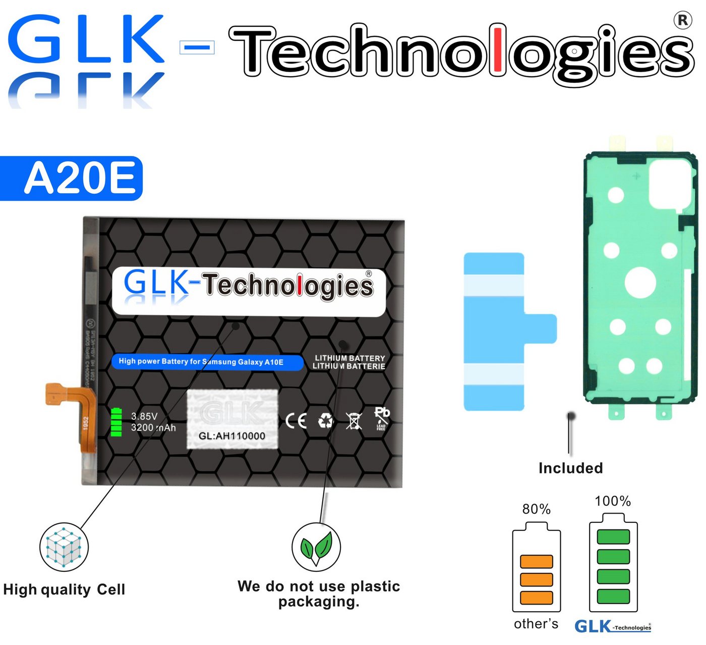 GLK-Technologies High Power Ersatzakku kompatibel mit Samsung Galaxy A20e SM-A102 SM-A102N SM-A102P GLK-Technologies Battery accu 3200mAh Akku inkl. 2X Klebebandsätze Handy-Akku 3200 mAh von GLK-Technologies
