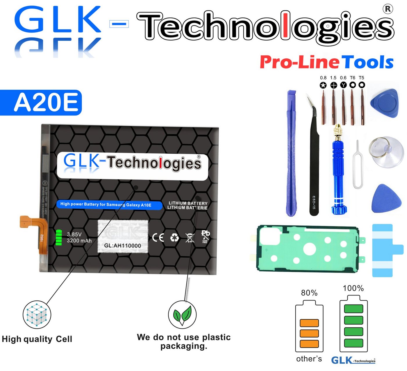 GLK-Technologies High Power Ersatzakku kompatibel mit Samsung Galaxy A20e SM-A102 SM-A102N SM-A102P GLK-Technologies Battery accu 3200mAh Akku inkl. Profi Werkzeug Set Kit NUE Handy-Akku 3200 mAh (3,8 V) von GLK-Technologies