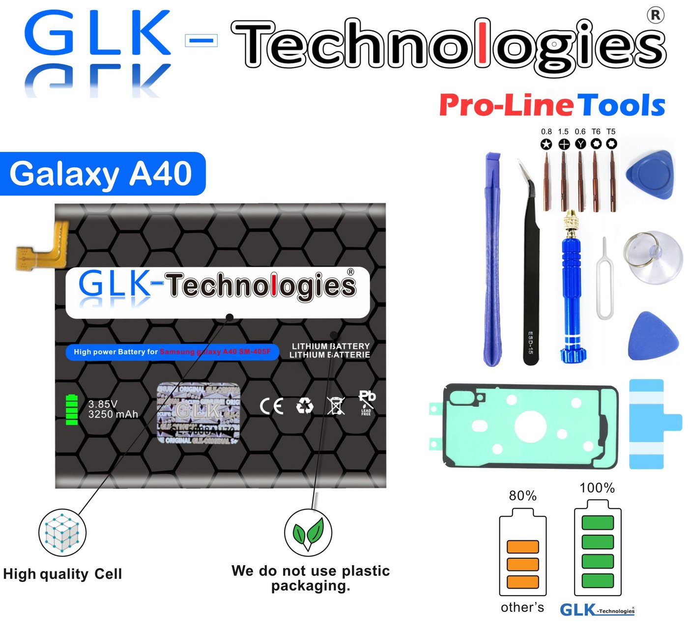 GLK-Technologies High Power Ersatzakku kompatibel mit Samsung Galaxy A40 (A405F), Original GLK-Technologies Battery, EB-BA405ABE accu, 3250mAh Akku, inkl. Profi Werkzeug Set Kit NUE Smartphone-Akku 3250 mAh von GLK-Technologies