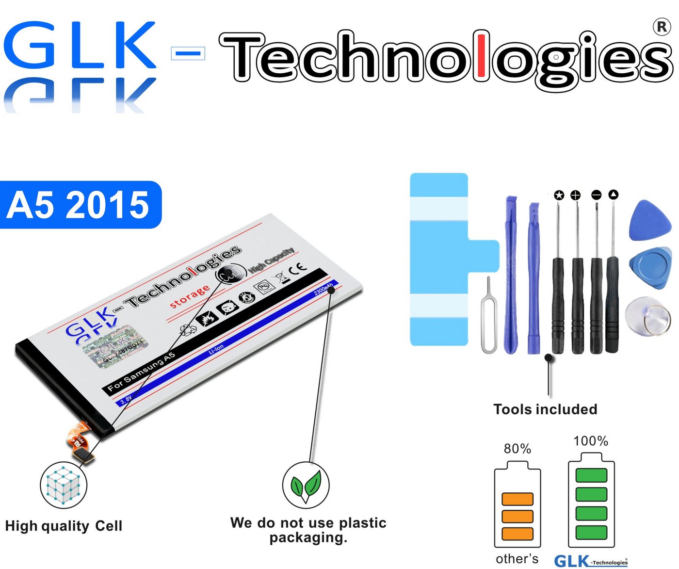 GLK-Technologies High Power Ersatzakku kompatibel mit Samsung Galaxy A5 SM-A500F 2015 EB-BA500ABE, Original GLK-Technologies Battery, accu, 2300 mAh Akku, inkl. Werkzeug Set Kit NEU Smartphone-Akku 2300 mAh (3.8 V) von GLK-Technologies