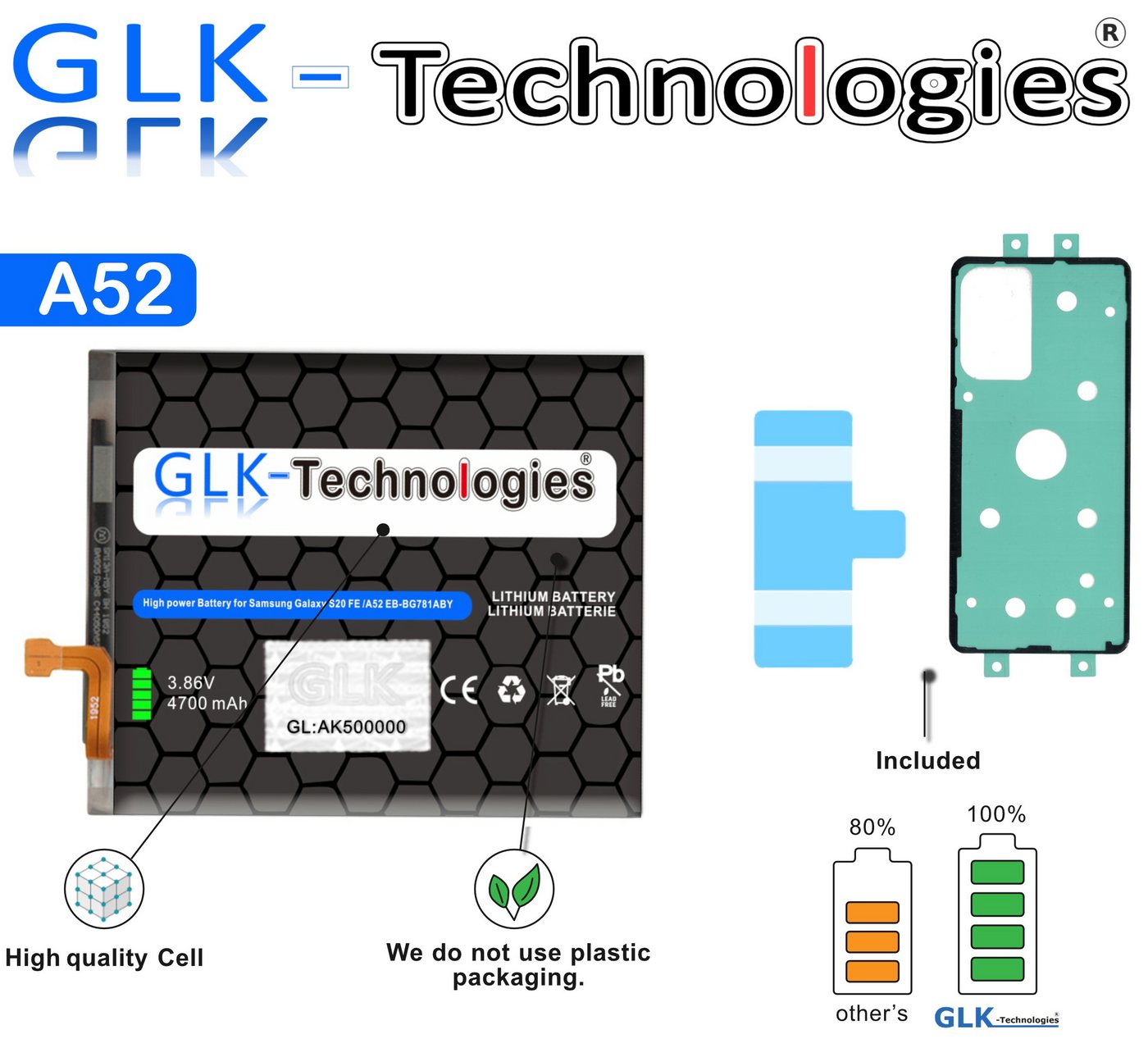 GLK-Technologies High Power Ersatzakku kompatibel mit Samsung Galaxy A52 A525F, A52 5G A526B, A52s A528B, GLK-Technologies Battery, accu, 4700mAh Akku, inkl. 2X Klebebandsätze Smartphone-Akku (3,85 V) von GLK-Technologies