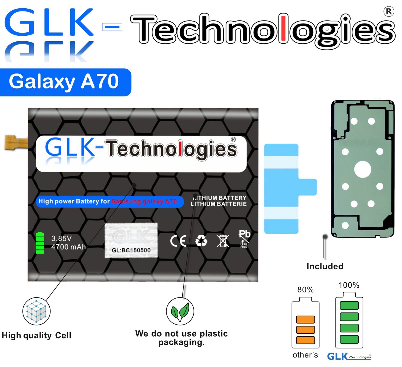 GLK-Technologies High Power Ersatzakku kompatibel mit Samsung Galaxy A70 SM-A705F / A70 SM-A705DS DUAL SIM, GLK-Technologies Battery, accu, 4700 mAh Akku, inkl. 2X Klebebandsätze Smartphone-Akku 4700 mAh (3.8 V) von GLK-Technologies