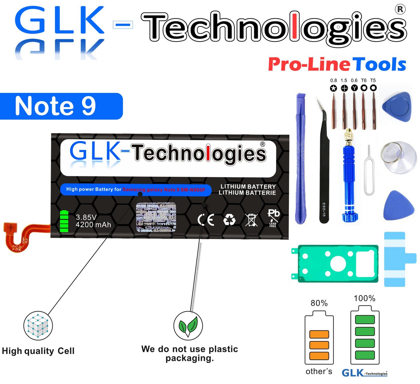 GLK-Technologies High Power Ersatzakku kompatibel mit Samsung Galaxy Note 9 (N960F) EB-BN965ABU, Original GLK-Technologies Battery, accu, 4200 mAh Akku, inkl. Profi Werkzeug Set Kit NUE Smartphone-Akku 4200 mAh (3.85 V) von GLK-Technologies