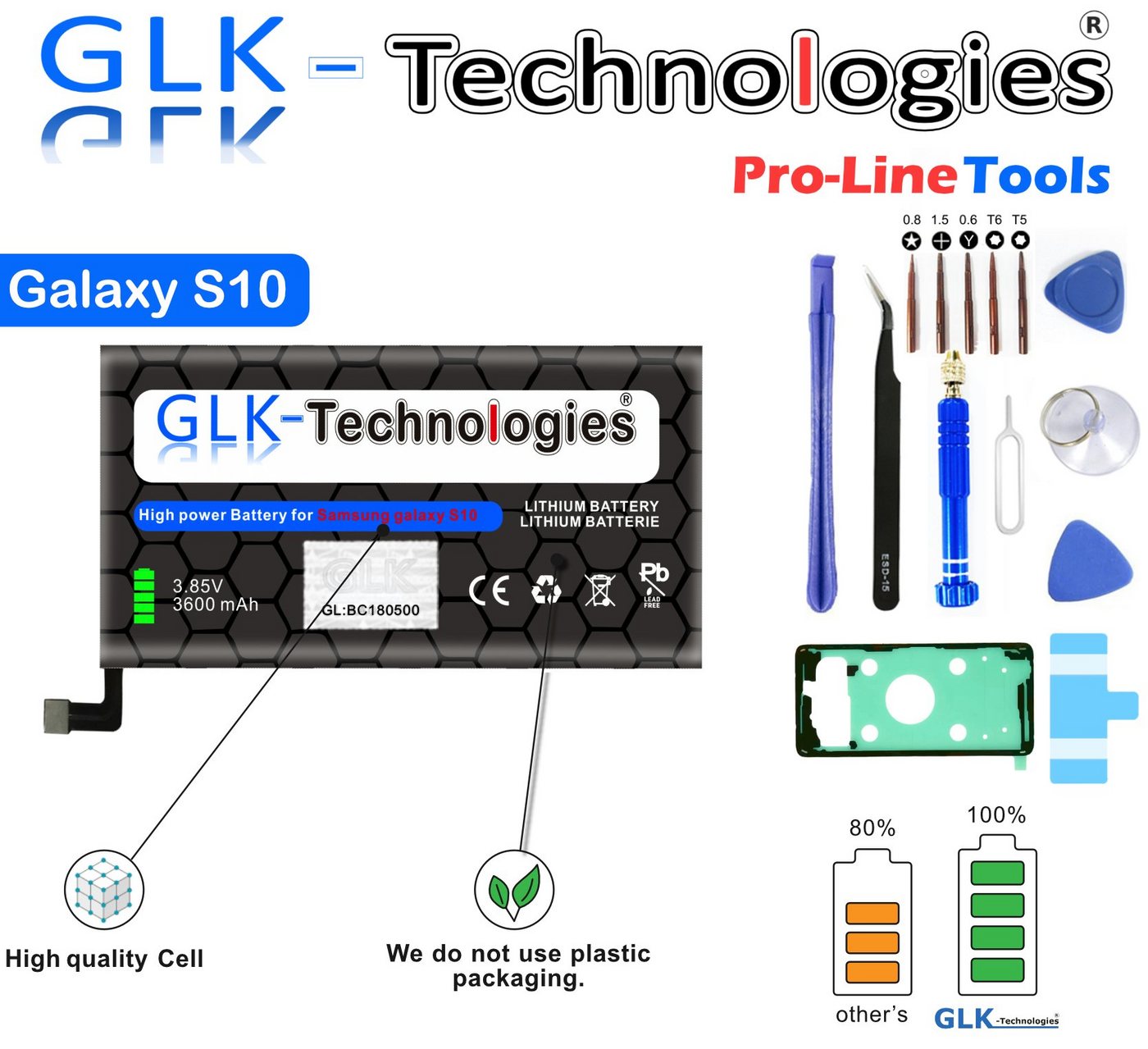 GLK-Technologies High Power Ersatzakku kompatibel mit Samsung Galaxy S10 G973F EB-BG973ABU Smartphone-Akku 3600 mAh (3,85 V) von GLK-Technologies