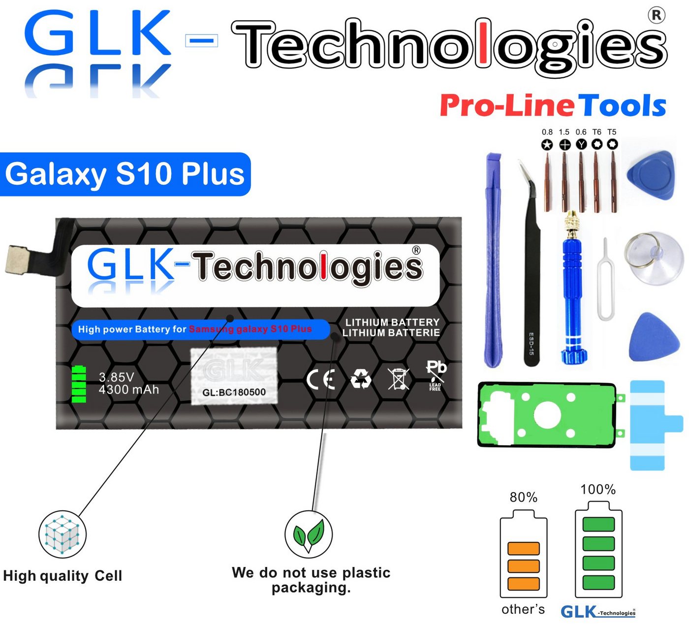 GLK-Technologies High Power Ersatzakku kompatibel mit Samsung Galaxy S10 Plus S10+ G975 EB-BG975ABU Smartphone-Akku 4300 mAh (3.8 V) von GLK-Technologies