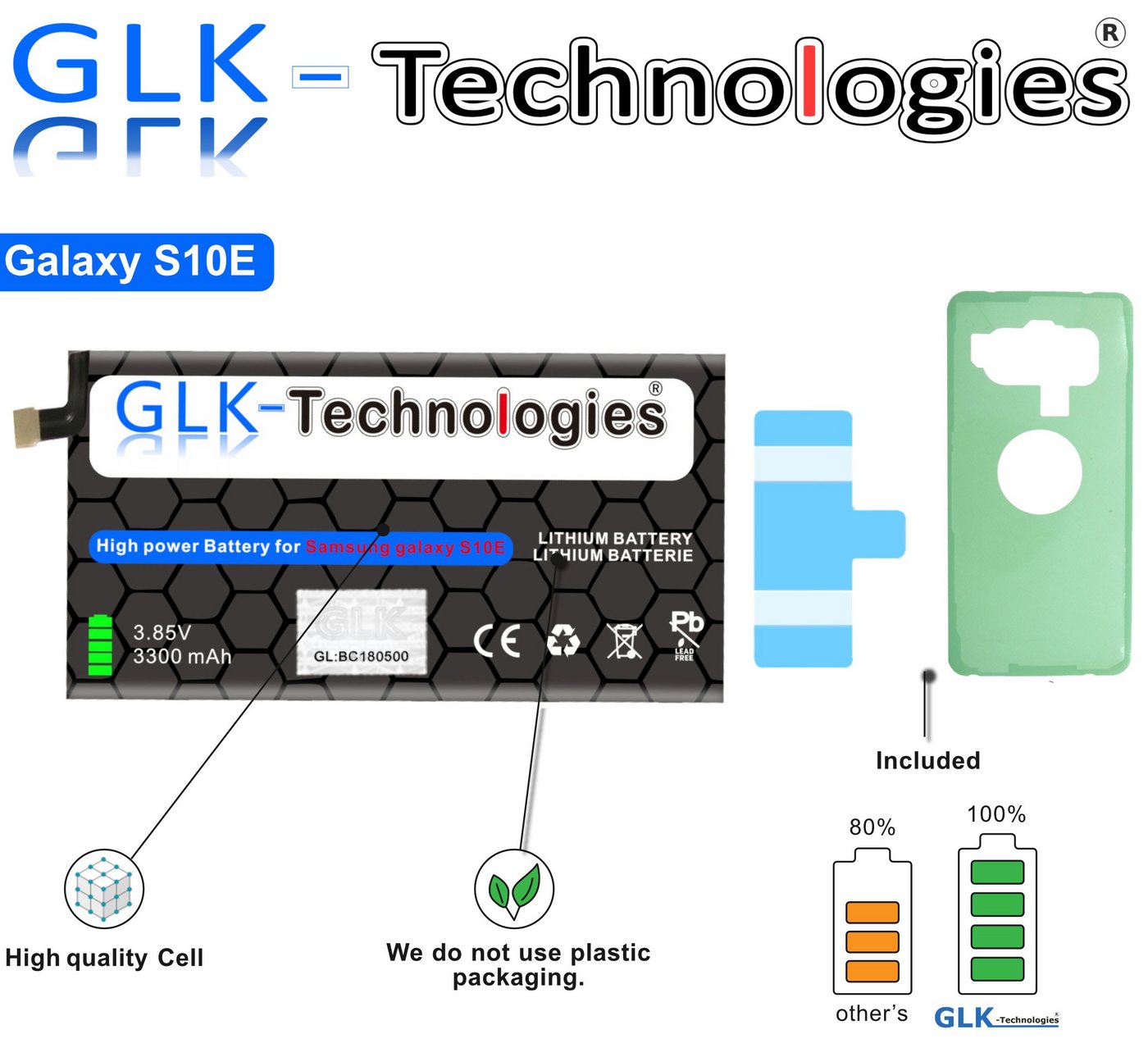 GLK-Technologies High Power Ersatzakku kompatibel mit Samsung Galaxy S10e G970F EB-BG970AB Ohne Set Smartphone-Akku 3300 mAh (3,85 V) von GLK-Technologies
