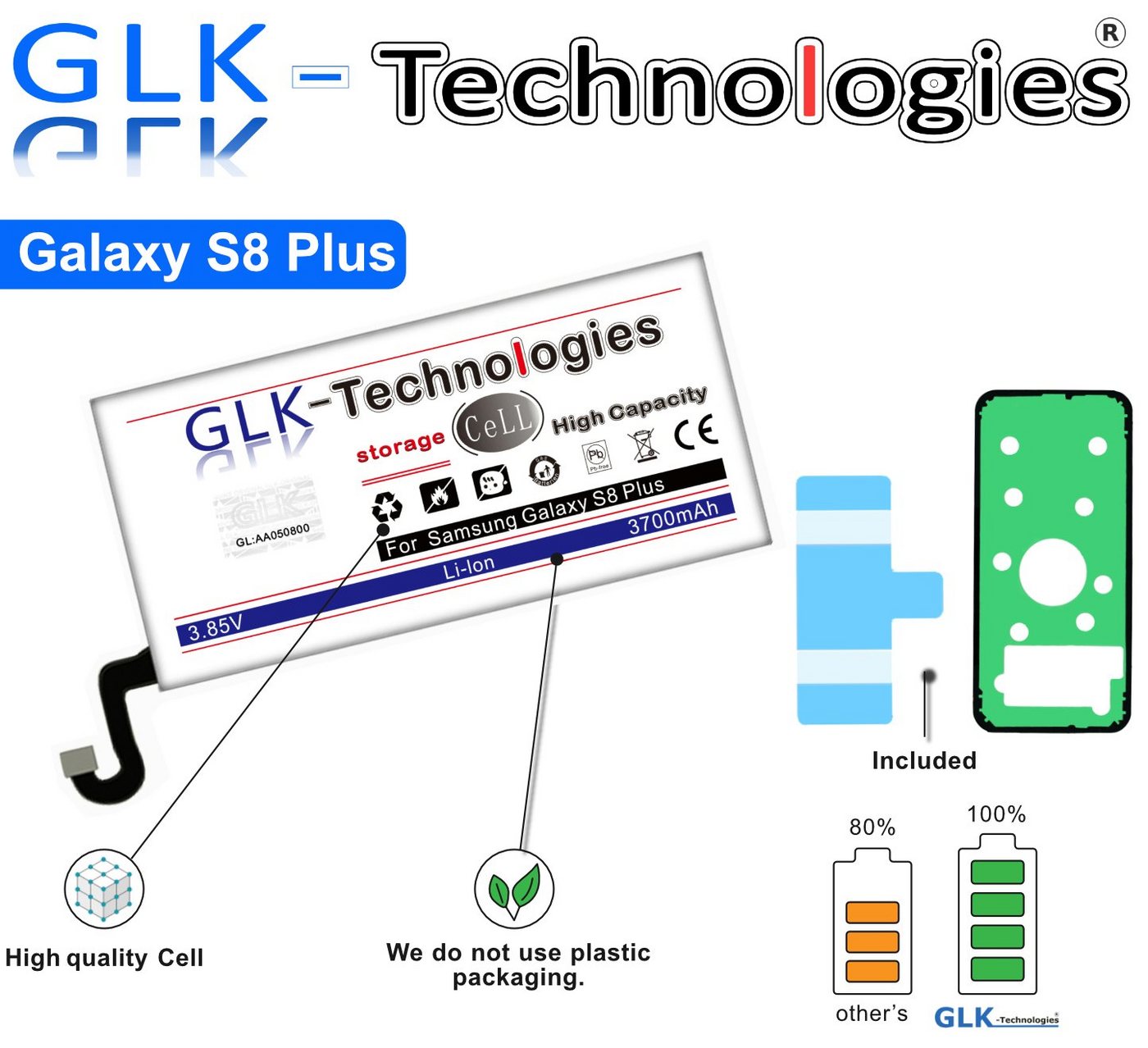 GLK-Technologies High Power Ersatzakku kompatibel mit Samsung Galaxy S8 + Plus SM-G955F EB-BG955ABE Ohne Set Smartphone-Akku 3700 mAh (3.85 V) von GLK-Technologies