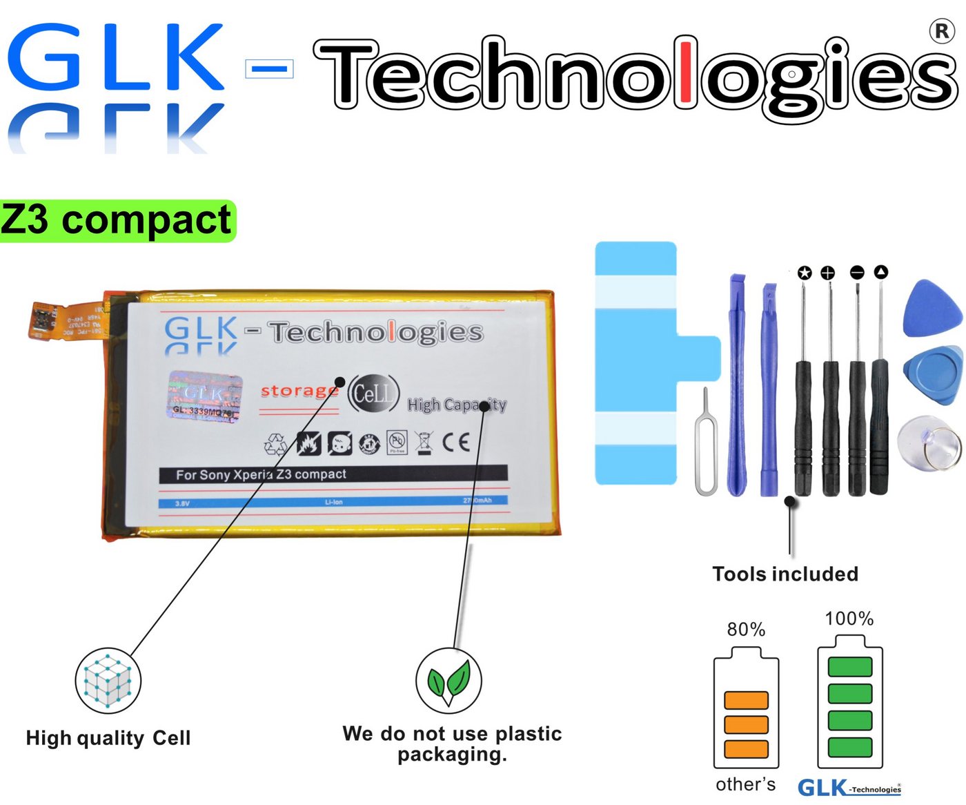 GLK-Technologies High Power Ersatzakku kompatibel mit Sony Xperia Z3 Compact E5803 E5823 LIS1594ERPC, Original GLK-Technologies Battery, accu, 2700 mAh Akku, inkl. Werkzeug Set Kit Smartphone-Akku 2700 mAh von GLK-Technologies