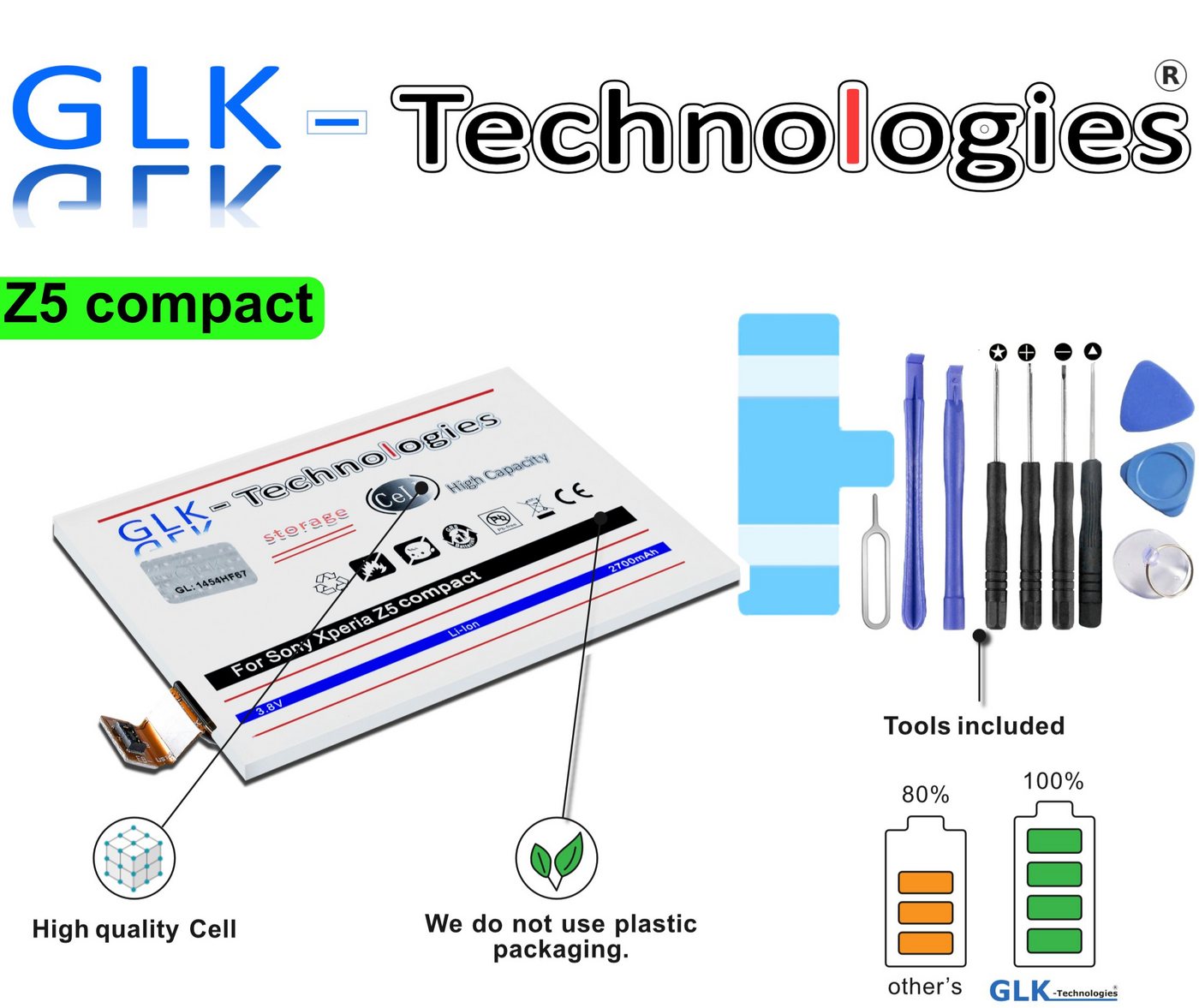 GLK-Technologies High Power Ersatzakku kompatibel mit Sony Xperia Z5 Compact LIS1594ERPC, Original GLK-Technologies Battery, accu, 2700 mAh Akku, inkl. Werkzeug Set Kit NEU Smartphone-Akku 2700 mAh (3.8 V) von GLK-Technologies