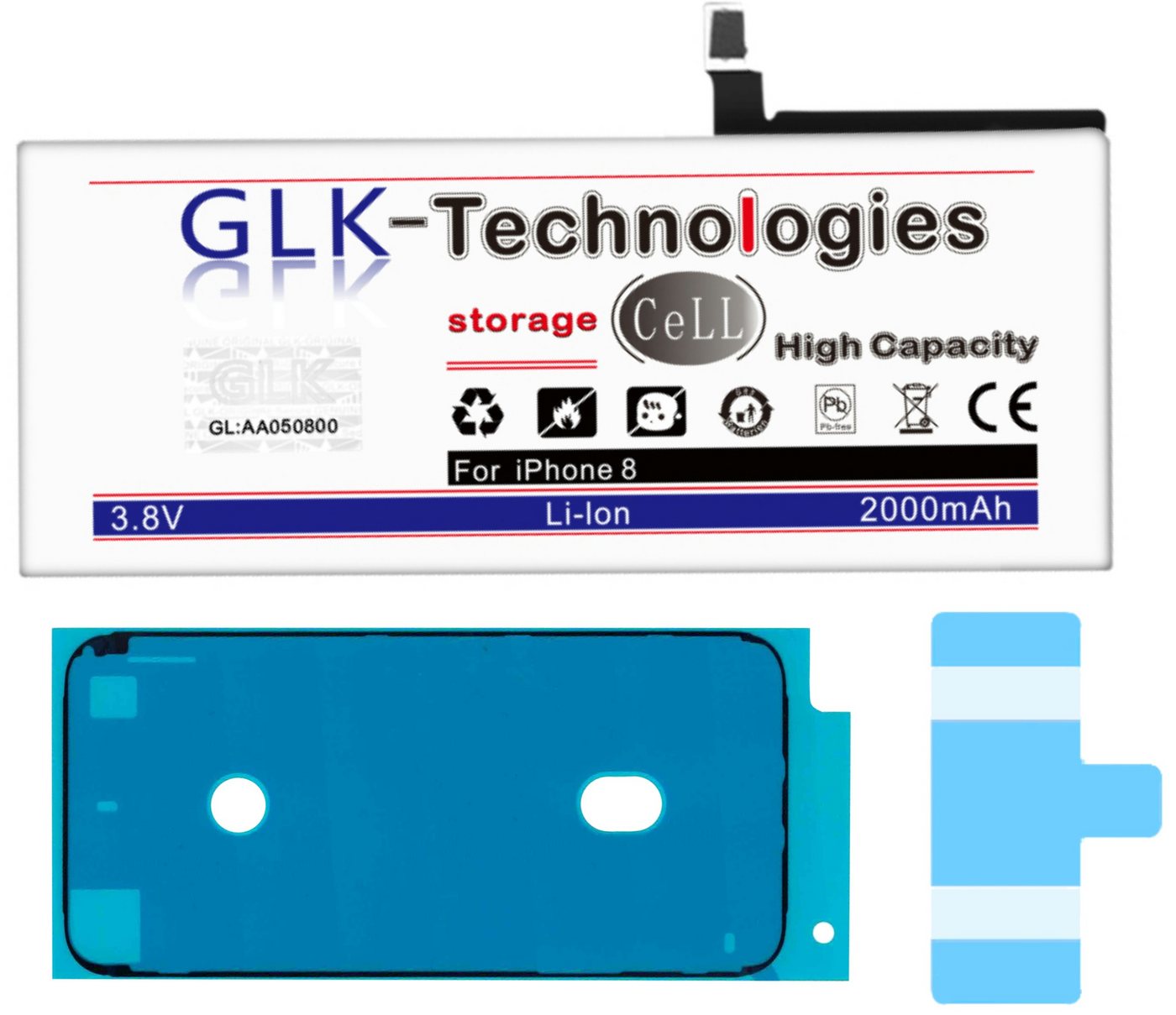 GLK-Technologies Verbesserter Ersatz Akku für Apple iPhone 8 inkl. 2X Klebebandsätze Smartphone-Akku 2000 mAh (3,8 V) von GLK-Technologies