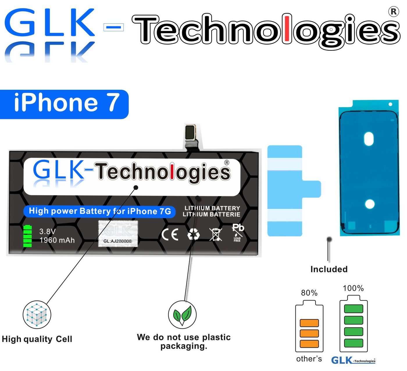 GLK-Technologies Verbesserter Ersatz Akku für iPhone 7 Ohne Öffnungswerkzeug Handy-Akku 1960 mAh (3.83 V) von GLK-Technologies
