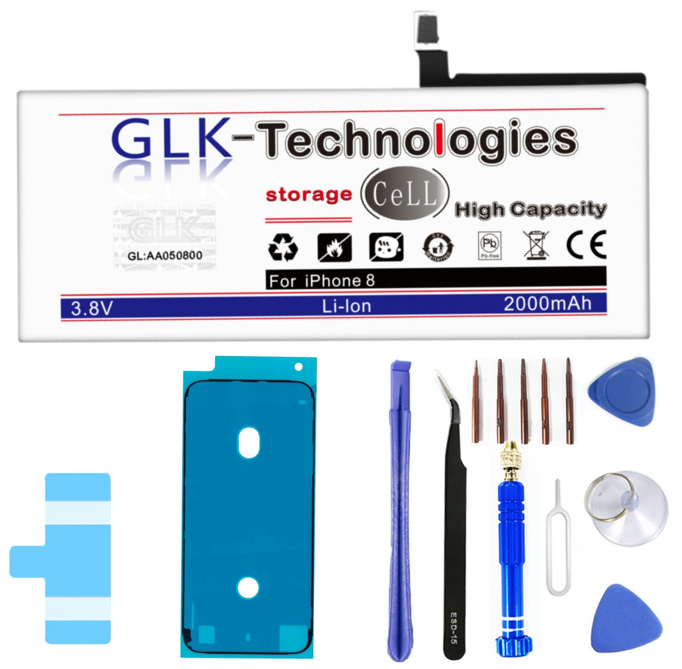 GLK-Technologies Verbesserter Ersatz Akku für iPhone 8 APN A1863 A1905 A1906 mit Öffnungswerkzeug Smartphone-Akku 2000 mAh (3,83 V) von GLK-Technologies