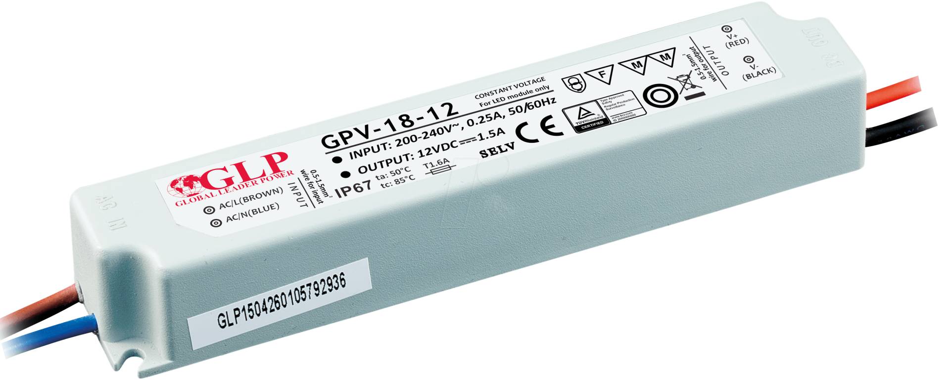 GLP GPV-18-12 - LED-Netzteil, 18 W, 12 V DC, 1,5 A, TÜV-geprüft, IP67 von GLOBAL LEADER POWER