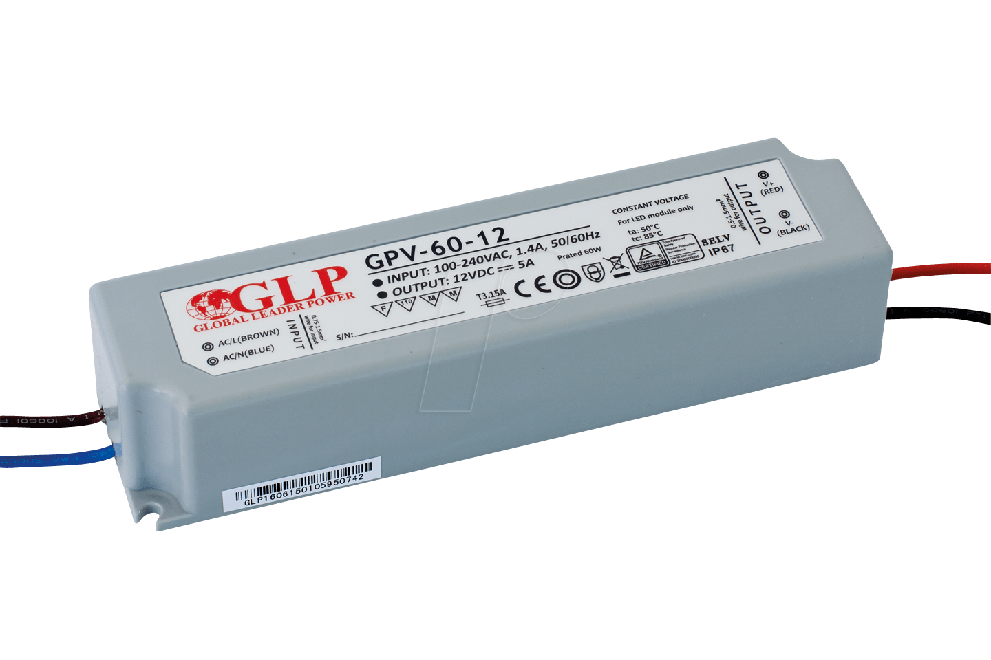 GLP GPV-60-24 - LED-Netzteil, 60 W, 24 V DC, 2,5 A, TÜV-geprüft, IP67 von GLOBAL LEADER POWER