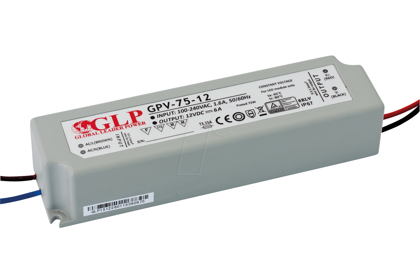 GLP GPV-75-12 - LED-Netzteil, 72 W, 12 V DC, 6 A, TÜV-geprüft, IP67 von GLOBAL LEADER POWER