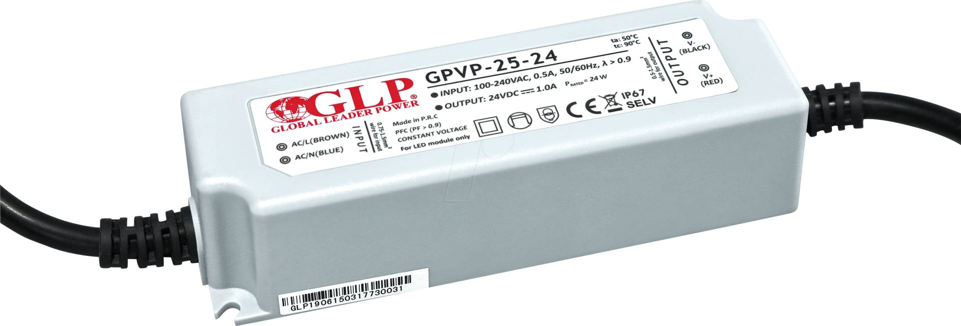 GPVP-25-24 - LED-Netzteil, 25 W, 24 V DC, 1 A, IP67, PFC Funktion von GLOBAL LEADER POWER