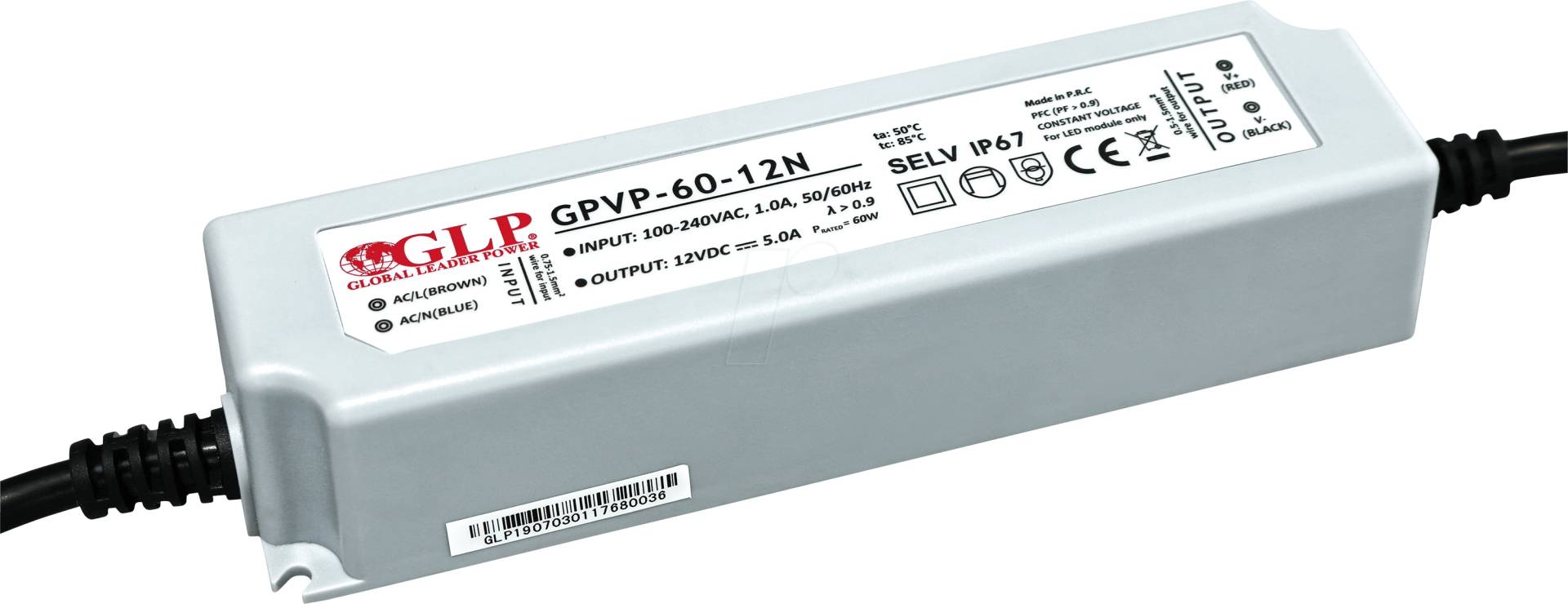 GPVP-60-12-N - LED-Netzteil, 60 W, 12 V DC, 5 A, IP67, PFC Funktion von GLOBAL LEADER POWER