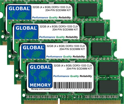 GLOBAL MEMORY Arbeitsspeicher für Laptops/Notebooks (32 GB (4 x 8 GB), DDR3, 1333 MHz, PC3-10600, 204-polig, SODIMM) von GLOBAL MEMORY