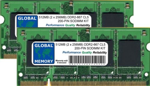 Global Memory 512 MB (2 x 256 MB) DDR2 667 MHz PC2-5300 200-PIN SODIMM Arbeitsspeicher RAM Kit für Laptops/Notebooks von GLOBAL MEMORY