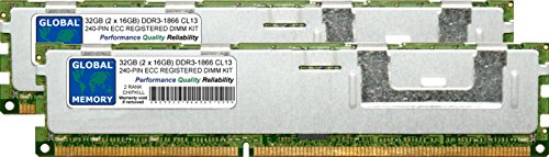 RAM-Kit (32 GB (2 x 16 GB) DDR3 1866 MHz PC3-14900 240-PIN ECC registriertes DIMM (RDIMM) für Server/Workstationen/Motherboards (4 Rang Kit Chipkill) von GLOBAL MEMORY