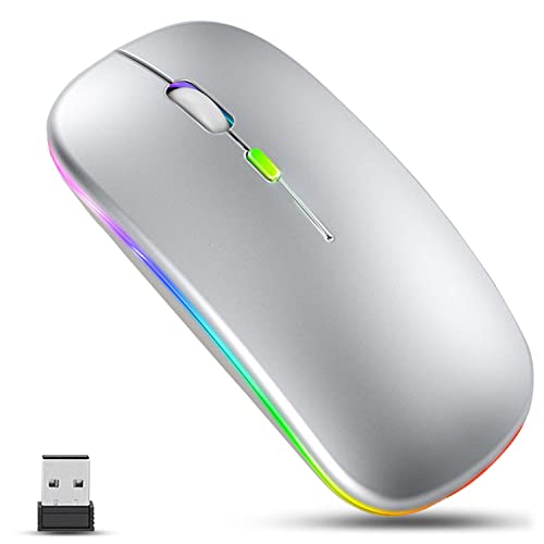 GLOBAL TECH Kabellose Maus, LED Wiederaufladbare Leise schlanke Maus Laptop Wireless Mouse, 2.4G USB Funkmäuse für Laptop, PC, Computer, Mac (Silber) von GLOBAL TECH