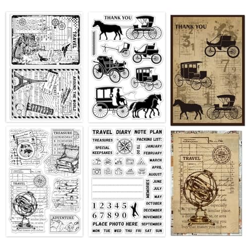 GLOBLELAND 4 Blatt Vintage Reise Klarstempel Zum Basteln von Karten Kutschentagebüchern Postkarten Silikon Klarstempelsiegel Abenteuer Transparentstempel Für DIY Scrapbooking Tagebücher Fotoalben von GLOBLELAND