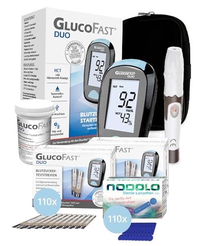 GLUCOFAST Duo Blutzuckermessgerät Set mit 110 Teststreifen & 110 Lanzetten | Messgerät mg/dL | Präzise Blutzuckermessung | Einfache Anwendung von GLUCOFAST