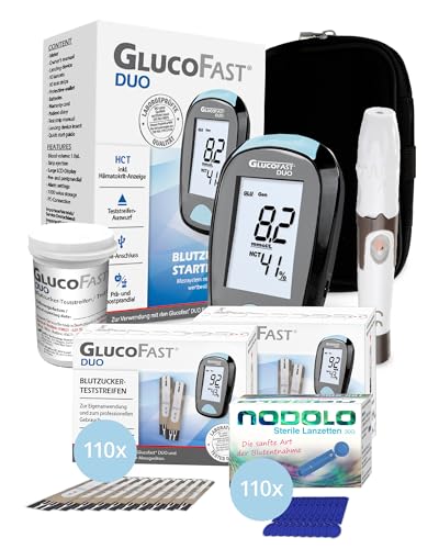 GLUCOFAST Duo Blutzuckermessgerät Set mit 110 Teststreifen & 110 Lanzetten | Messgerät mmol/L | Präzise Blutzuckermessung | Einfache Anwendung von GLUCOFAST
