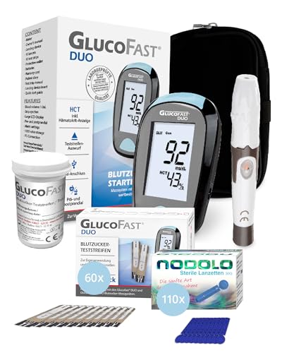GLUCOFAST Duo Blutzuckermessgerät Set mit 60 Teststreifen & 110 Lanzetten | Messgerät mg/dL | Präzise Blutzuckermessung | Einfache Anwendung von GLUCOFAST