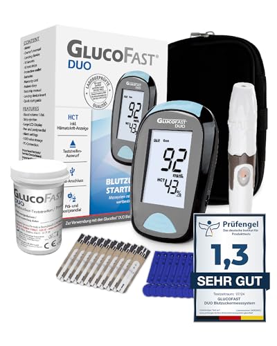 GLUCOFAST Duo Blutzuckermessgerät Starter-Set mit 10x Teststreifen & Lanzetten, Blutzuckermessung in mg/dl, Diabetes Zuckermessgerät mit hoher Genauigkeit von GLUCOFAST