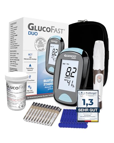 GLUCOFAST Duo Blutzuckermessgerät Starter-Set mit 10x Teststreifen & Lanzetten, Blutzuckermessung in mmol/L, Diabetes Zuckermessgerät mit hoher Genauigkeit von GLUCOFAST