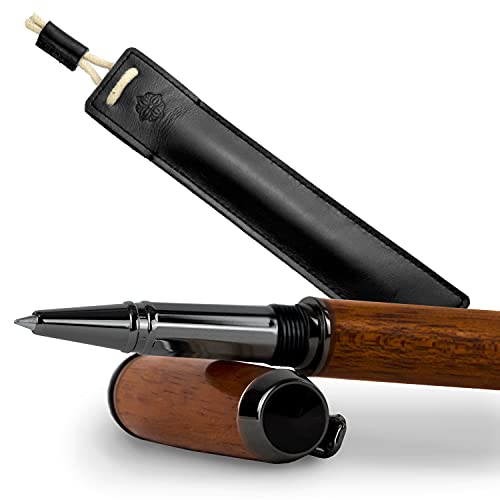 GLUTHOLZ Handgefertigter Kugelschreiber AUTOR aus Holz (MAHAGONI) mit Lederetui ASCHE | Edles Geschenkset aus Tintenroller + Etui | Das perfekte Luxusgeschenk für Unikat Liebhaber von GLUTHOLZ