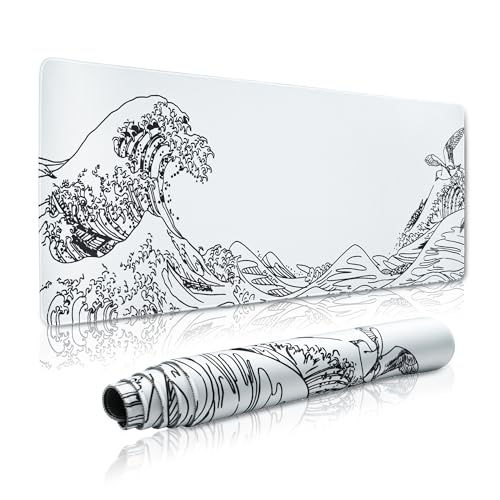 Großes Gaming-Mauspad für den Schreibtisch, Kanagawa XXL-Mauspad, 80 x 40 cm, wasserdichte Schreibtischunterlage, rutschfeste Gummiunterseite, Maus-Pad, Tastatur-Pad, Computermatte, weißes Mauspad Großes Gaming-Mauspad für den Schreibtisch, Kanagawa XXL-Mauspad, 80 x 40 cm, wasserdichte Schreibtischunterlage, rutschfeste Gummiunterseite, Maus-Pad, Tastatur-Pad, Computermatte, weißes Mauspad von GMKWTL