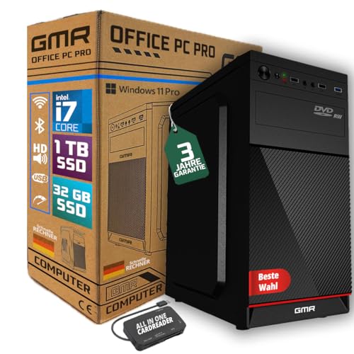 Intel i7 - Business Office Multimedia Computer mit 3 Jahre Garantie! | 32 GB RAM | 1000GB SSD | DVD ± RW | USB 3.0 | Windows 11 Prof. 64-Bit | Smart ID Card Reader 5-in-1 | WiFi 600 and Bluetooth 5 von GMR