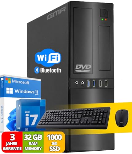 Intel Office PC Komplett mit Tastatur und Maus | Intel i7 | 32 GB RAM | 1000 GB SSD | DVD-Brenner - Kartenleser | WiFi 600 und Bluetooth 5 | USB3 | Windows 11 Pro | 3 Jahren Garantie! von GMR