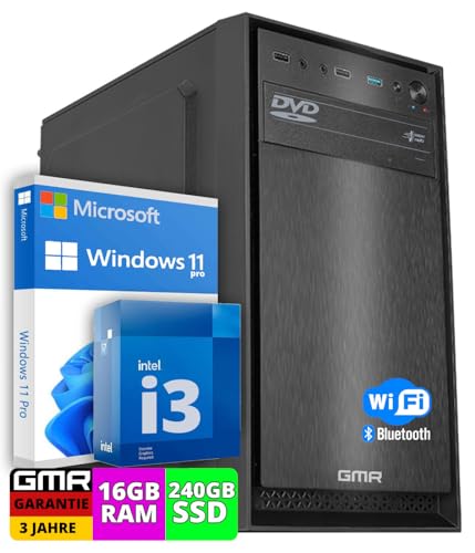 Multimedia PC mit Intel Core i3 - Schneller Rechner + Computer für Büro & Home Office | 16GB RAM | 240GB SSD | DVD+RW | USB3.0 | WiFi 600 und Bluetooth 5 | Windows 11 Pro | 3 Jahre Garantie von GMR