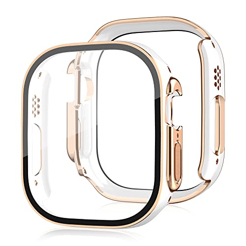 GMUJIAO 2-Stück Galvanik Hülle für Apple Watch Ultra/Ultra 2 49mm,Hülle Mit Displayschutz,Hard PC Rundum Displayschutz Schutz Case für Apple Watch Ultra/Ultra 2 49mm-Weiß/Roségold von GMUJIAO