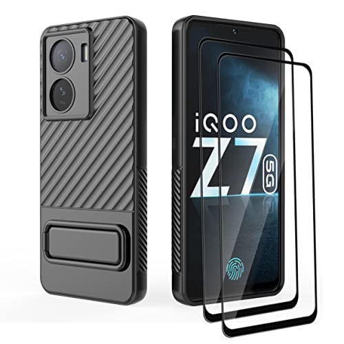 GMUJIAO Hülle Kompatibel mit VIVO iQOO Z7 5G,Standfunktion Handy Hüllen,TPU Material Weich Case,Sturzsichere Handyhülle mit 2 Gehärtetem Glas Bildschirmschutz [Kratzfest]-Schwarz von GMUJIAO