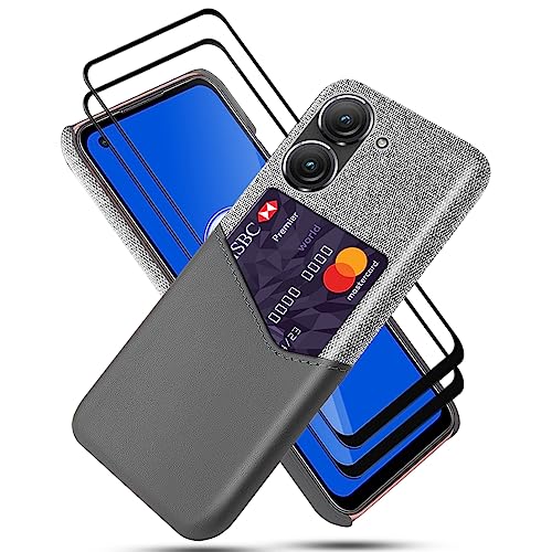 GMUJIAO Hülle für Asus Zenfone 10,Wallet Handytasche,Handyhülle mit Kartenfach,Handy Kartenhalter mit 2 Gehärtetem Glas Bildschirmschutz [Ultradünn]-Grau von GMUJIAO