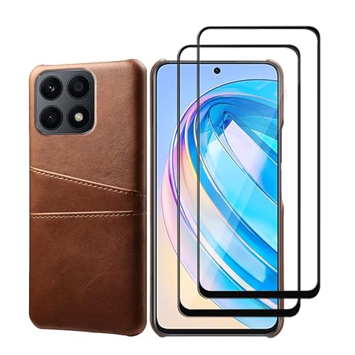 GMUJIAO Hülle für Honor X8a,Wallet Handytasche,Handyhülle mit Kartenfach,Handy Kartenhalter mit 2 Gehärtetem Glas Bildschirmschutz-Braun von GMUJIAO