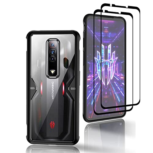 GMUJIAO Hülle für Nubia Red Magic 7,Stoßfestes Doppellagiges Gehäuse,2 in 1 TPU+PC Transparente Handyhülle mit 2 Pack Displayschutzfolie aus Gehärtetem Glas-Schwarz von GMUJIAO