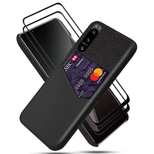 GMUJIAO Hülle für Sony Xperia 5 IV,Wallet Handytasche,Handyhülle mit Kartenfach,Handy Kartenhalter mit 2 Gehärtetem Glas Bildschirmschutz [Ultradünn]-Schwarz von GMUJIAO