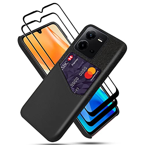 GMUJIAO Hülle für VIVO X80 Lite,Wallet Handytasche,Handyhülle mit Kartenfach,Handy Kartenhalter mit 2 Gehärtetem Glas Bildschirmschutz [Ultradünn]-Schwarz von GMUJIAO
